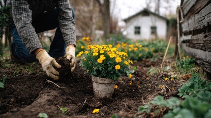 A person tending to a flower pot in a garden, creating life. Close up hands with gloves, planting yellow flowers with a house in background. 