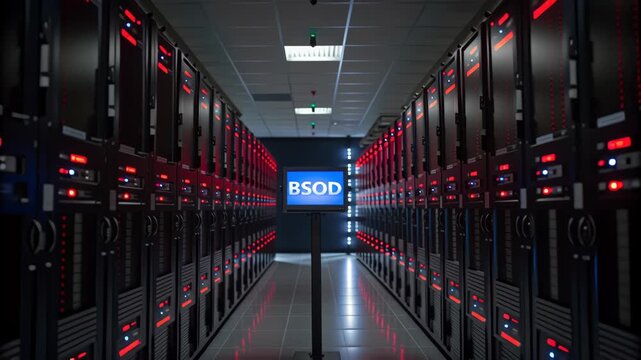 Digital System Error Blue Screen of Death Warning in Server Room with Blinking Lights and Tense Atmosphere from Equipment and Indicators, BSOD