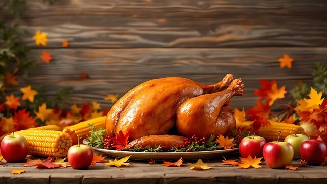 Thanksgiving dinner turkey corn apples leaves autumn festive holiday celebration seasonal food feast wood on transparent background