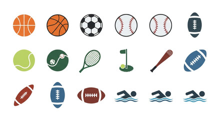 Vibrant collection of popular sports icons including basketball, soccer, baseball, tennis, golf, football, and swimming for dynamic designs.