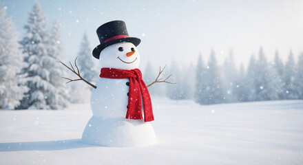 Obraz premium Joyful snowman with top hat and red scarf stands in a snowy winter wonderland with falling snowflakes and blurred pine trees