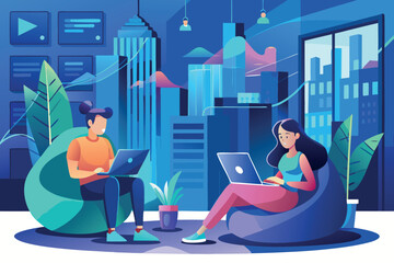 Vector art of young professionals working on laptops in a modern office with city view
