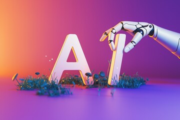 A robotic hand placing the letter i next to the letter a in a grassy landscape with a gradient background