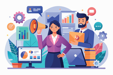 Fototapeta premium Vector art of business team working on marketing strategy and communication to promote company growth plan online