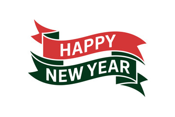Happy new year message on red and green ribbon on a white background