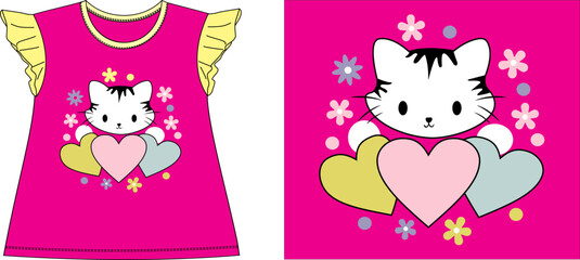 Kitten hearts and flowers t-shirt graphic design vector illustrtation