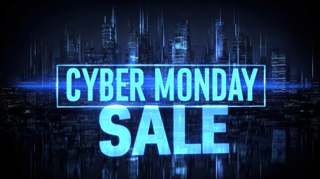 Cyber Monday sale digital banner with glowing blue futuristic city background