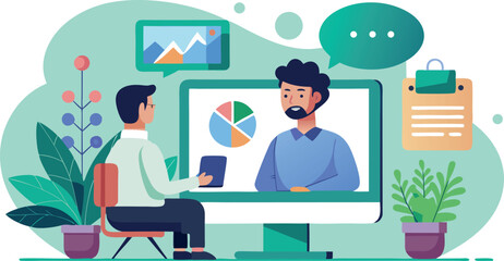 Vector art of a man is having an online meeting with his colleague, discussing business strategies and data analysis
