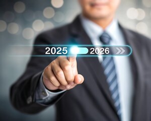 Businessman touches future year 2025 on digital screen planning growth