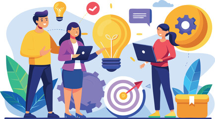 Vector art of team brainstorms for new ideas to achieve goals and targets in business strategy and planning concept