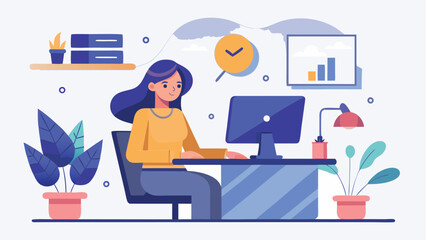 Vector art of a woman is working on a computer at her desk in a bright office, focused on her tasks and deadlines