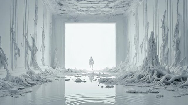 Mysterious figure stands in surreal white space with organic forms in an abstract environment