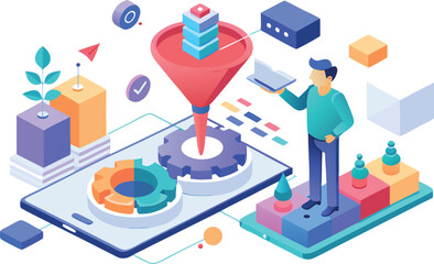 Vector art of isometric illustration of data analysis and conversion funnel on a mobile phone screen