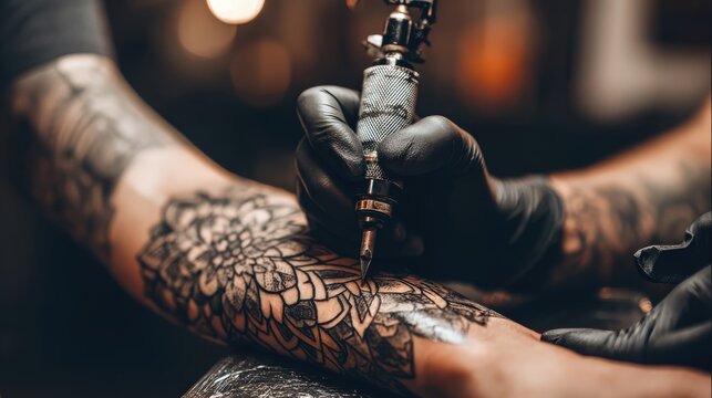view captures a skilled tattoo  in the process of inking a floral design onto a client's arm, showcasing intricate linework with a professional tattoo machine, utilizing specialized ink in a dimly...