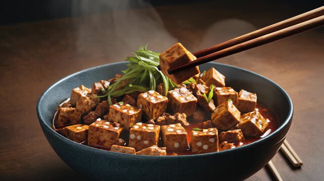 Spicy tofu dish with ground meat and green onions served in a bowl at a cozy restaurant
