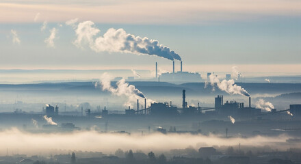 Majestic industrial skyline shrouded in atmospheric morning mist with billowing smoke plumes rising from factory chimneys
