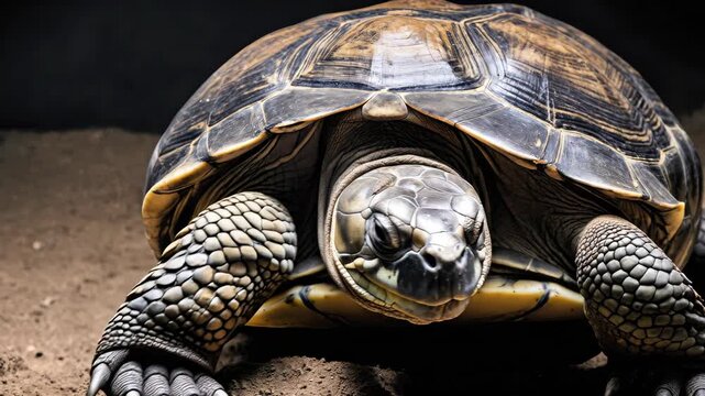 Tortoise walking on sandy ground in a dimly lit environment showcasing details of its shell and texture