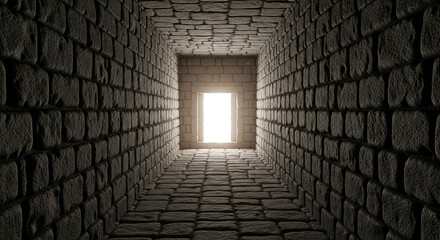 Journey through ancient stone corridor towards bright illuminating portal promising new beginnings and hope