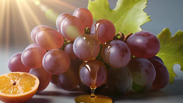 Fresh grapes and orange slice arranged artfully on a gray background with green leaves