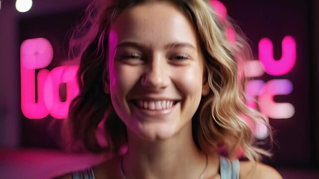 Young woman smiles brightly in front of colorful neon lights in an indoor setting