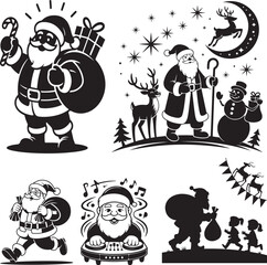 Vintage Black and White Santa Claus Christmas Illustrations – Holiday Scenes with Gifts, Tree, and Skateboard Santa