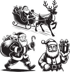 Vintage Black and White Santa Claus Illustrations – Santa with Reindeer Sleigh, Carrying Sack of Gifts, Holding Candy Cane and Present in Classic Christmas Holiday Scenes