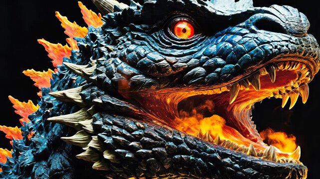 Fierce dragon-like creature breathes fire in dramatic close-up against dark background