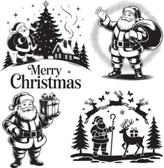 Vintage Black and White Christmas Santa Illustrations – Holiday Scenes with Reindeer, Tree, Gifts, and Festive Winter Elements