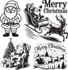 Cartoon vector illustration of a fun set of Christmas elements including Santa Claus with gifts