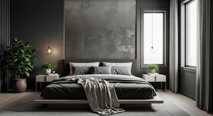 Modern bedroom interior design showcasing a gray platform bed, gray bedding, and minimalist nightstands creating a serene and sophisticated atmosphere ideal for home decor and interior design projects