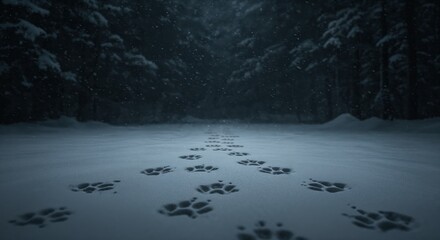 A path of distinct wolf paw prints stretches across fresh white snow, leading into a dense, dark winter forest under a gentle snowfall at twilight.