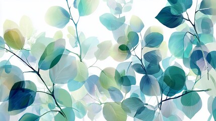 Translucent leaves overlap in cool hues against a bright white background