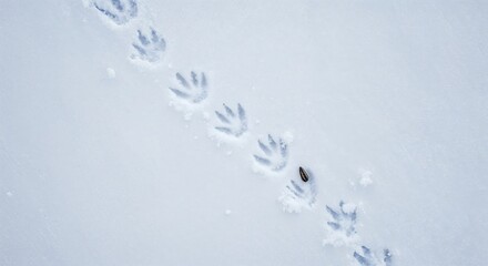 A top-down view captures a diagonal line of small animal paw prints pressed into fresh white snow, with a dark seed resting next to one track in a serene winter environment.