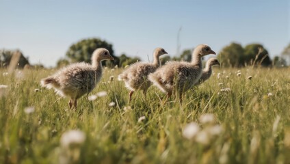 Fluffy young birds walk in tall grass, sunlight, open field, out of focus background