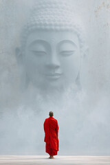 Meditating monk in red robe gazes at serene Buddha face in misty backdrop at a tranquil location during early morning