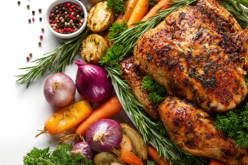 Roasted chicken with vegetables including carrots onions and herbs a delicious and festive meal for Thanksgiving or Christmas