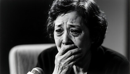 Emotionally distressed woman covering her mouth during interview