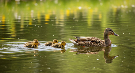 Adorable mother duck leads her fluffy ducklings on a serene, sun-dappled lake, creating a heartwarming scene of nature's gentle beauty and family bonds.