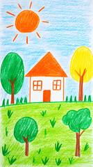 Brightly colored drawing of a house surrounded by trees and a sunny sky on a cheerful day in a peaceful landscape. Naive childish illustration.
