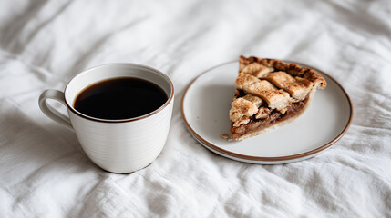Enjoying a slice of apple pie with a cup of black coffee on a cozy blanket. Minimalist breakfast.