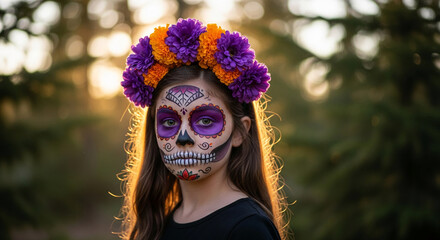 Girl with painted face and flower crown. The image represents the Day of the Dead tradition, a cultural celebration of remembrance and connection