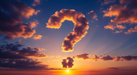 Dramatic question mark cloud formation illuminates vibrant sunset sky symbolizing mystery and wonder