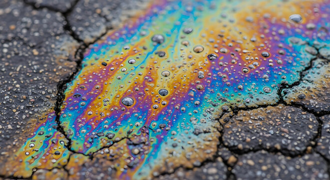 Iridescent Oil Spill on Cracked Asphalt Pavement Creates Rainbow Effect