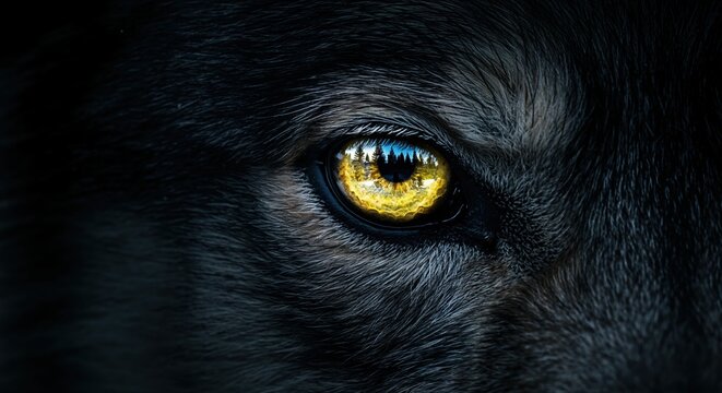 An intense hyperrealistic extreme closeup macro shot of a wolf's striking golden eye with a detailed reflection of trees and a blue sky, set against dark, textured fur.