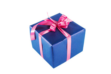 Elegant blue gift box with pink bow isolated on white background.