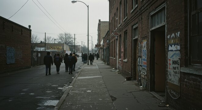 Group of people walking down a city street with graffiti on brick buildings. Urban scene depicting social issues, poverty, and inequality.