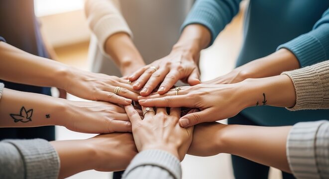 Group of diverse women showing teamwork, collaboration, and unity with hands together, ideal for diversity and inclusion campaigns and corporate values