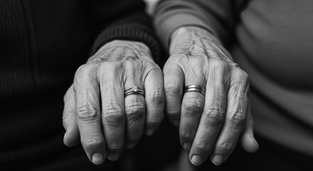 Senior man and woman hands with rings. Old couple celebrate marriage anniversary. Love, relationship, family time, elderly care concept.