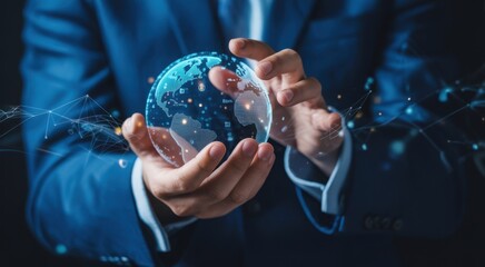 Global Perspective: A close-up shot of hands cradling a glowing, translucent globe, highlighting the concept of global connectivity, technology, and business potential.