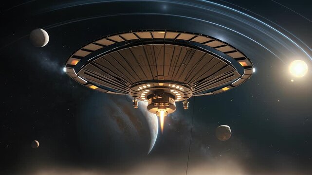 Rocket spacecraft landing on Martian surface with planets in background during a cosmic exploration mission